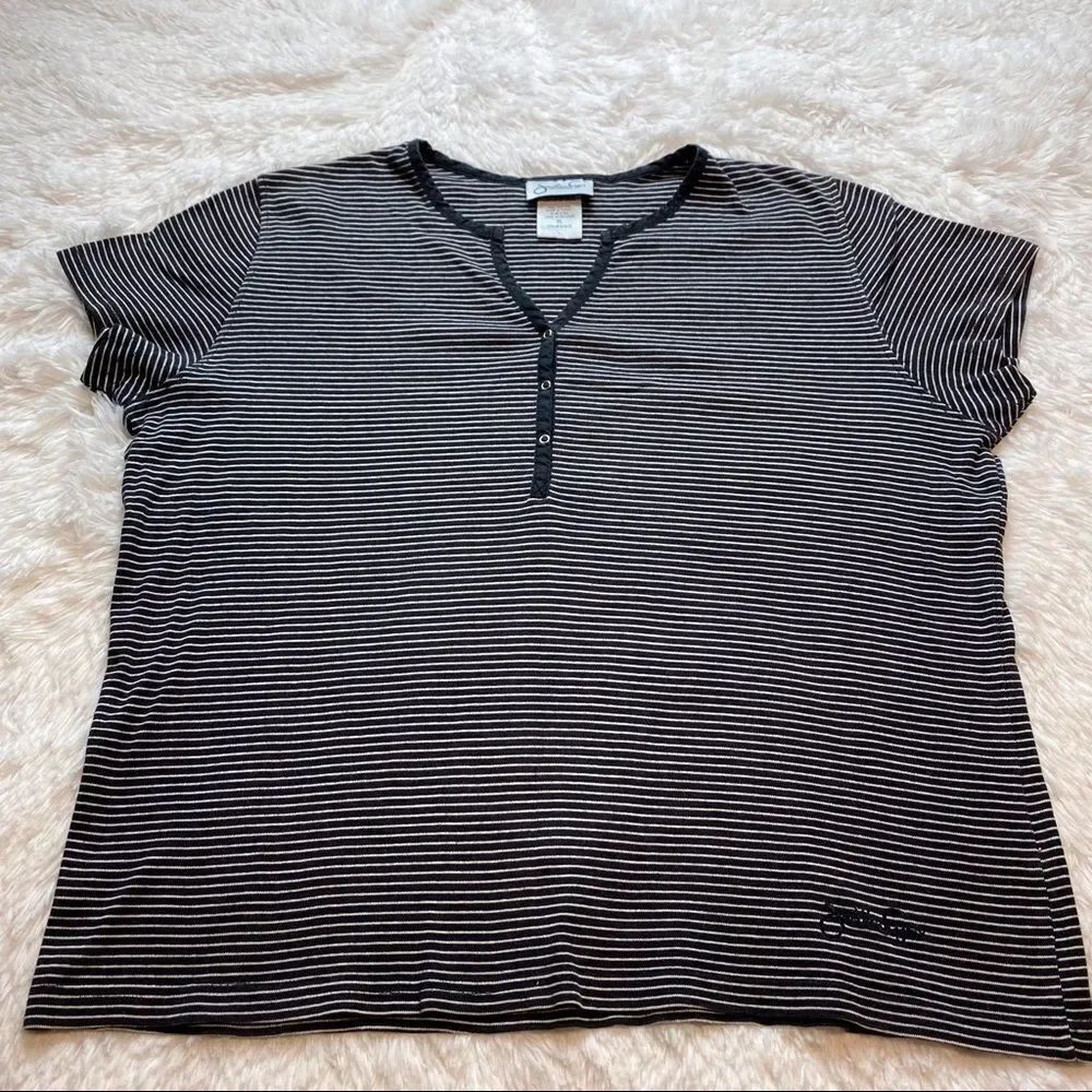 Jonathan Logan Short Sleeve Blue/White Striped Casual Front Snap Top, Size XL